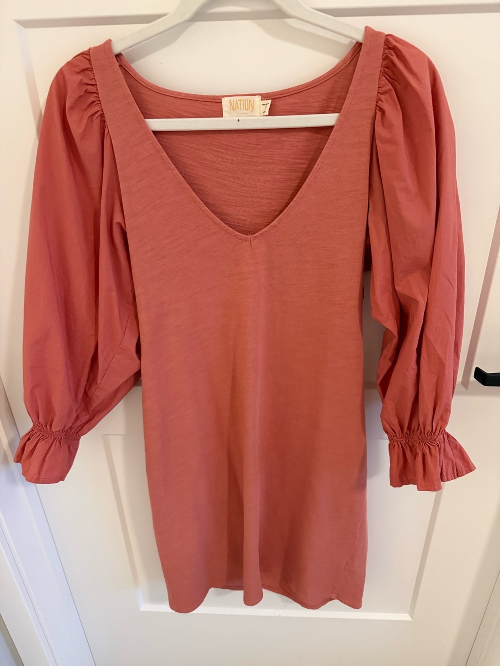 Nation LTD Puff Sleeve V Neck Mini Dress Coral Cotton Size S